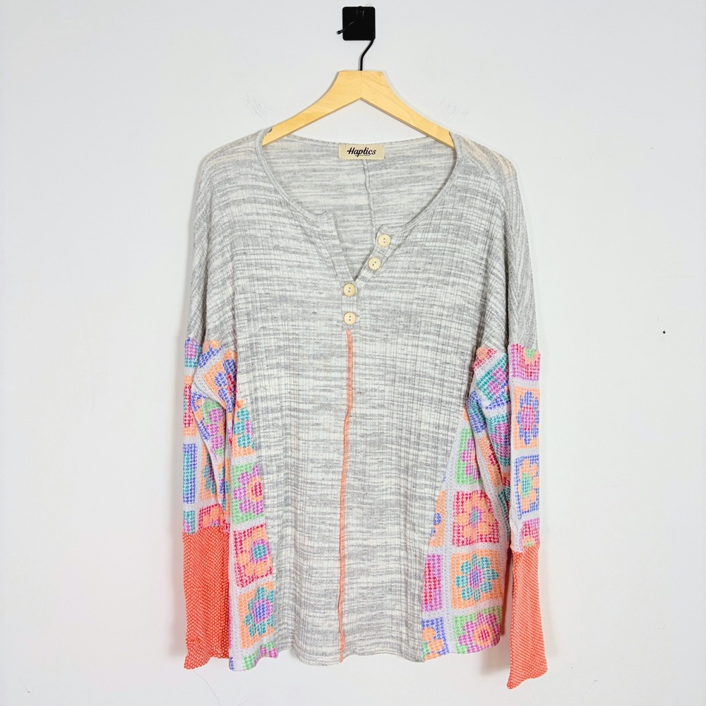 Haptics Pullover Knit Top Color Block Long Sleeve‎ Button Up Gray 3X